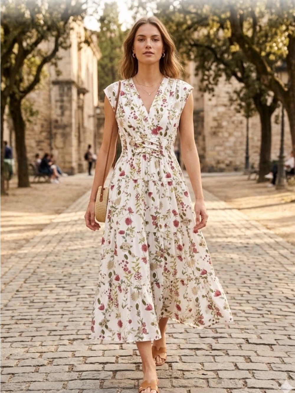 Beige  Floral V-Neck Tiered Midi Dress with Pink & Green Print